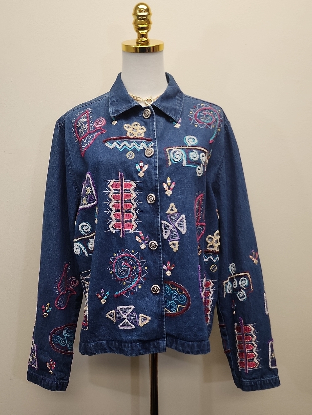 New Directions Denim Jacket Embroidered Floral Button Front Dark Wash Size Large